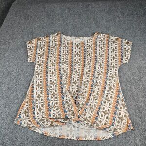 Tru‎ Self Womens Boho Geometric Twist Front Button Shoulder Short Sleeve Top XL